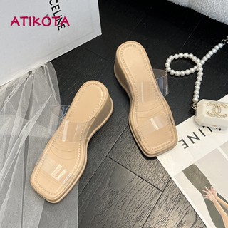 Atikota รองเท้าส้นสูง กันลื่น สีโปร่งใส เข้ากับทุกการแต่งกาย สไตล์ฝรั่งเศส แฟชั่นเรโทร สําหรับผู้หญิง