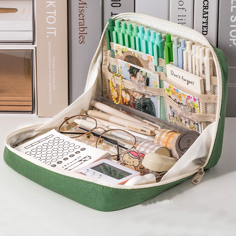 กล่องดินสอเปิด-ปิดความจุขนาดใหญ่ 90 องศา กระเป๋าเก็บเครื่องเขียนผ้าใบ สติ๊กเกอร์บัญชีแยกประเภท INS กล่องดินสอเก็บของ