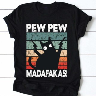 เสื้อยืดคอกลม ผ้าฝ้าย พิมพ์ลาย Pew Madafakas Black Cat สไตล์วินเทจ แฟชั่นคลาสสิก สําหรับผู้ชายS-5XL