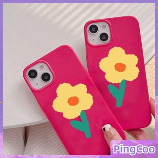 PingCoo - Candy Case For iPhone 14 13 12 11 Plus Pro Max XR TPU Soft Glossy Pink Case Fresh Yellow Flower Camera Protection Shockproof Back Cover