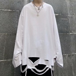 เสื้อยืดแขนยาว ทรงหลวม สีพื้น สําหรับผู้ชาย