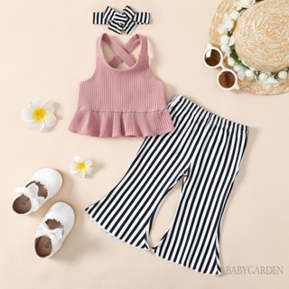 Babygarden-0-18 เดือน ชุดเสื้อผ้าเด็กผู้หญิง สีพื้น ยางแขนกุด เสื้อกล้าม แต่งระบาย + กางเกงขาบาน ลายทาง + ที่คาดผม