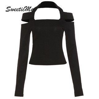 Sweeticme ใหม่ เสื้อยืดลําลอง แขนยาว คอกลวง เข้ารูป สีพื้น แฟชั่นสําหรับสตรี 2023