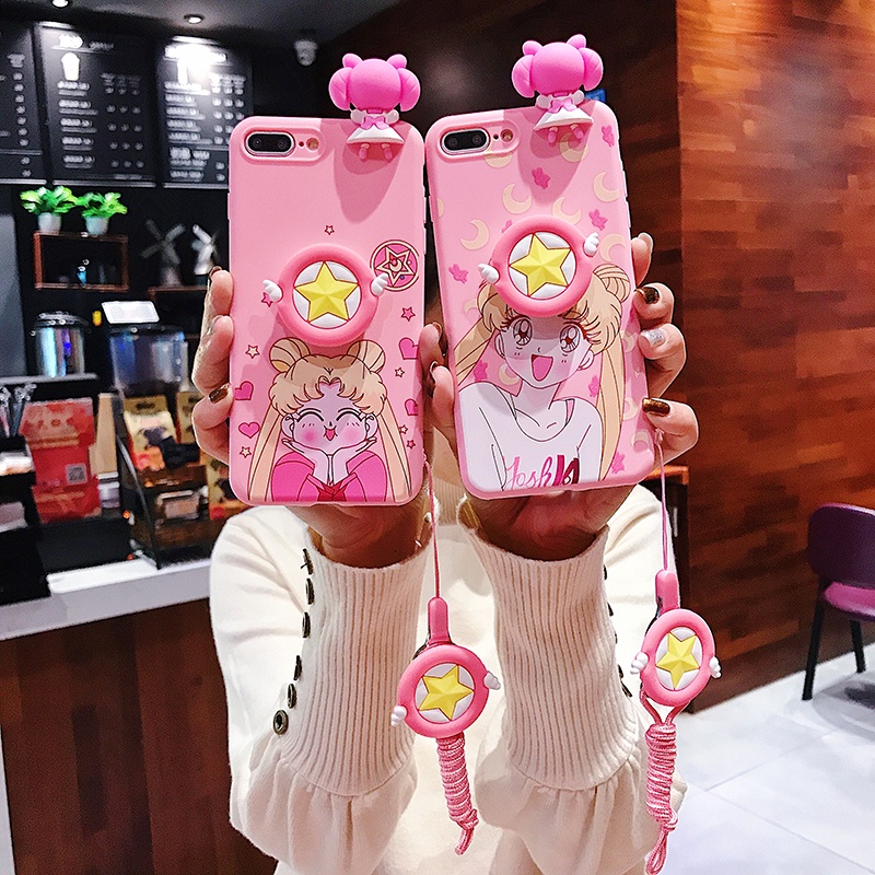 เคสโทรศัพท์มือถือ TPU แบบนิ่ม ลายการ์ตูนเซเลอร์มูน มีสายคล้อง สําหรับ iPhone 14 13 12 11 Pro Max X XR XS Max 6 6S 7 8 14 Plus