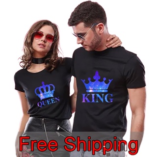 Couple T-shirt Summer KING QUEEN Letter Printed  T-shirt Valentines Day Cotton Short Sleeve Tees Br เสื้อยืด