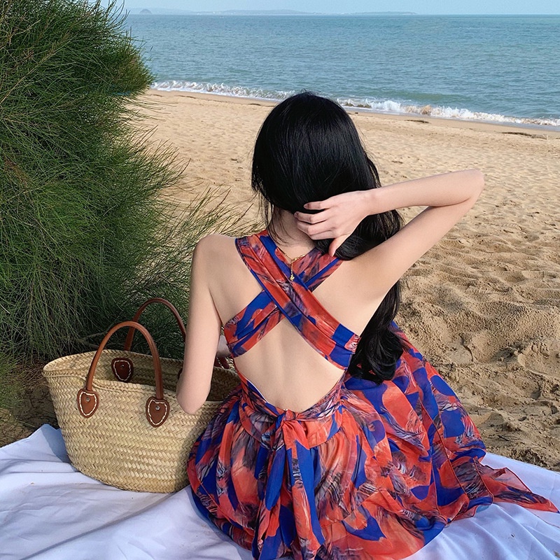 ชุดเดรสยาว คอวี เอวสูง พิมพ์ลาย เหมาะกับเดินชายหาด สําหรับสตรี