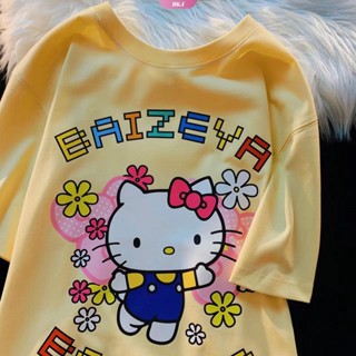 เสื้อยืดแขนสั้น พิมพ์ลาย Sanrio Hello Kitty แฟชั่นฤดูร้อน สําหรับผู้หญิง