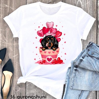 【2023】เสื้อยืด พิมพ์ลายสัตว์ Kawaii Chihuahua/Dachshund/Corgi สีขาว สําหรับผู้หญิง วันวาเลนไทน์ 2022_05