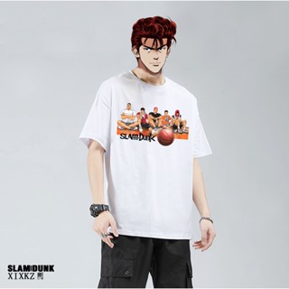 tshirt แขนสั้นโอเวอร์ไซส์เสื้อยืดแขนสั้น ผ้าฝ้ายแท้ พิมพ์ลายอนิเมะ Slam Dunk Sakuragi Flower Road Rukawa Kaede Mitsui แฟ