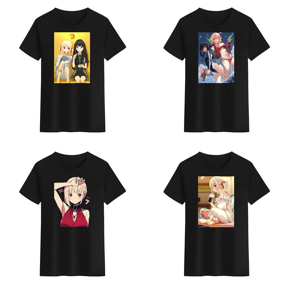 Lycoris Recoil Chisato Kurumi Takina เสื้อยืดสําหรับผู้ชายผู้หญิงสีดําสีขาว Tees รอบคอ Unisex T เสื้