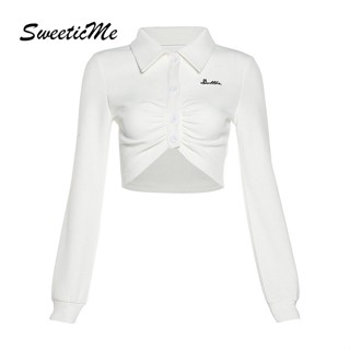 Sweeticme ใหม่ เสื้อเชิ้ตแขนยาวลําลอง คอปกพับ เข้ารูป สีพื้น แฟชั่นสําหรับผู้หญิง 2023