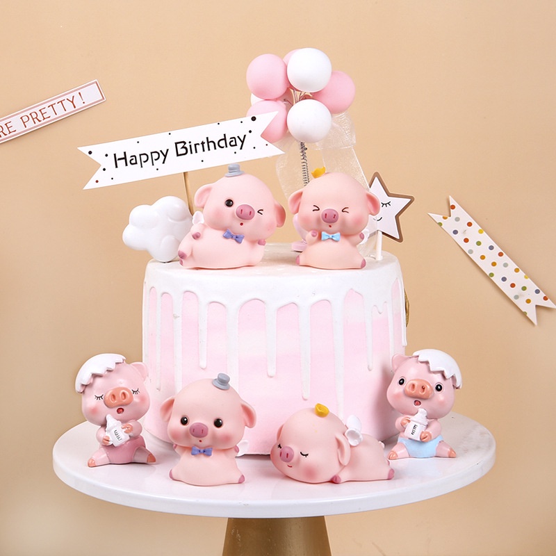 2 ชุด (คู่) ของอุปกรณ์ตกแต่งเค้กวันเกิดที่น่ารักหมูเคลือบน่ารัก