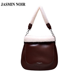 Jasmin NOIR กระเป๋าสะพายไหล่ กระเป๋าถือ หนัง PU ทรงบักเก็ต ติดขนเฟอร์ สําหรับสตรี