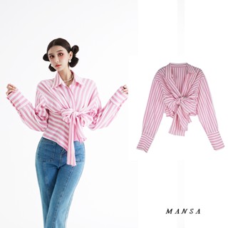 MANSA pink striped shirt เสื้อเกาหลี เสื้อผ้าแฟชั่นผู้หญิง เสื้อโอเวอร์ไซส์ เสื้อเชิ๊ต