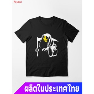 เสื้อยืดผ้าฝ้ายsmiley face หน้ายิ้ม ยิ้ม Banksy Graffiti Grim Reaper With Smiley Face Yellow And Black Background H_03