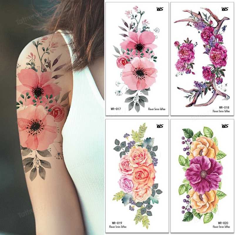 รอยสักปลอมสติกเกอร์กันน้ําชั่วคราวสาวเซ็กซี่สีแดงดอกกุหลาบศิลปะร่างกายเผด็จการดอกโบตั๋นเดซี่สักดอกไม้สําหรับผู้หญิง