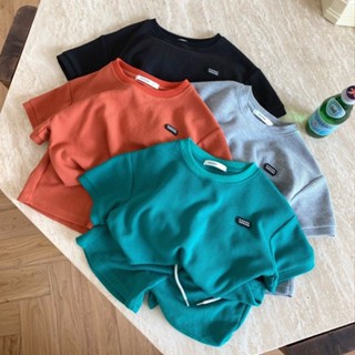 ชุดเซ็ท ผ้าวาฟเฟิล สีทึบ เสื้อยืด กางเกง เสื้อผ้าสไตล์เกาหลี เด็กผู้ชาย ด็กผู้หญิง
