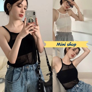 Mini shop🌸พร้อมส่ง🌸 (31008) เสื้อสายเดี่ยวไหมพรม ดีเทลซีทรูลาตารางเล็ก ใส่สบายมาก คิ้วสุด