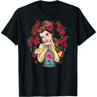 [S-5XL] เสื้อยืดแขนสั้นลําลอง ผ้าฝ้าย ระบายอากาศได้ดี พิมพ์ลายกราฟฟิค Disney Beauty And The Beast Belle Roses สําหร_01