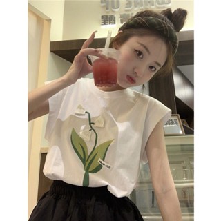 เสื้อยืดแขนกุด ทรงหลวม ลายดอกทิวลิป แฟชั่นฤดูร้อน สําหรับเด็กผู้หญิง
