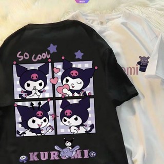 ใหม่ เสื้อยืดลําลอง ผ้าฝ้าย แขนสั้น พิมพ์ลายการ์ตูนอนิเมะ Sanrio Quad Grid Kuromi น่ารัก สไตล์ญี่ปุ่น สําหรับเด็กผู้หญิง [RAIN]