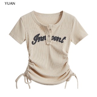 Yuan เสื้อยืดลําลอง คอกลม แขนสั้น พิมพ์ลายตัวอักษร Y2k เซ็กซี่ สําหรับสตรี