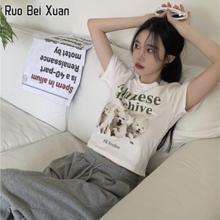 RUO BEI XUAN เสื้อยืดผู้หญิง ใหม่ คอกลม แขนสั้น พิมพ์ลาย เสื้อยืดแขนสั้น