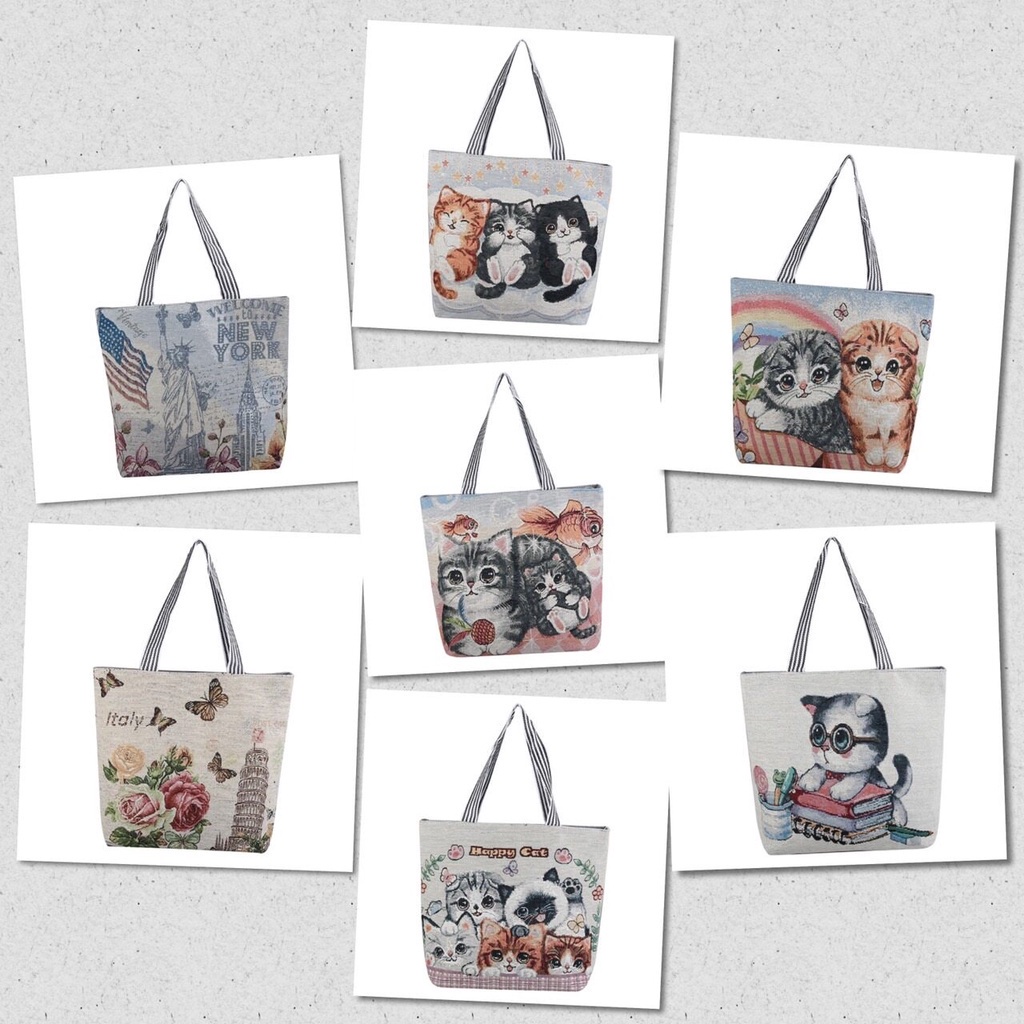 🎀 กระเป๋าถือ ผ้าลายแมว ใบใหญ่ มีซิป ถุงช้อปปิ้ง มีหูหิ้ว แข็งแรง 🎀 - รูปที่ 2