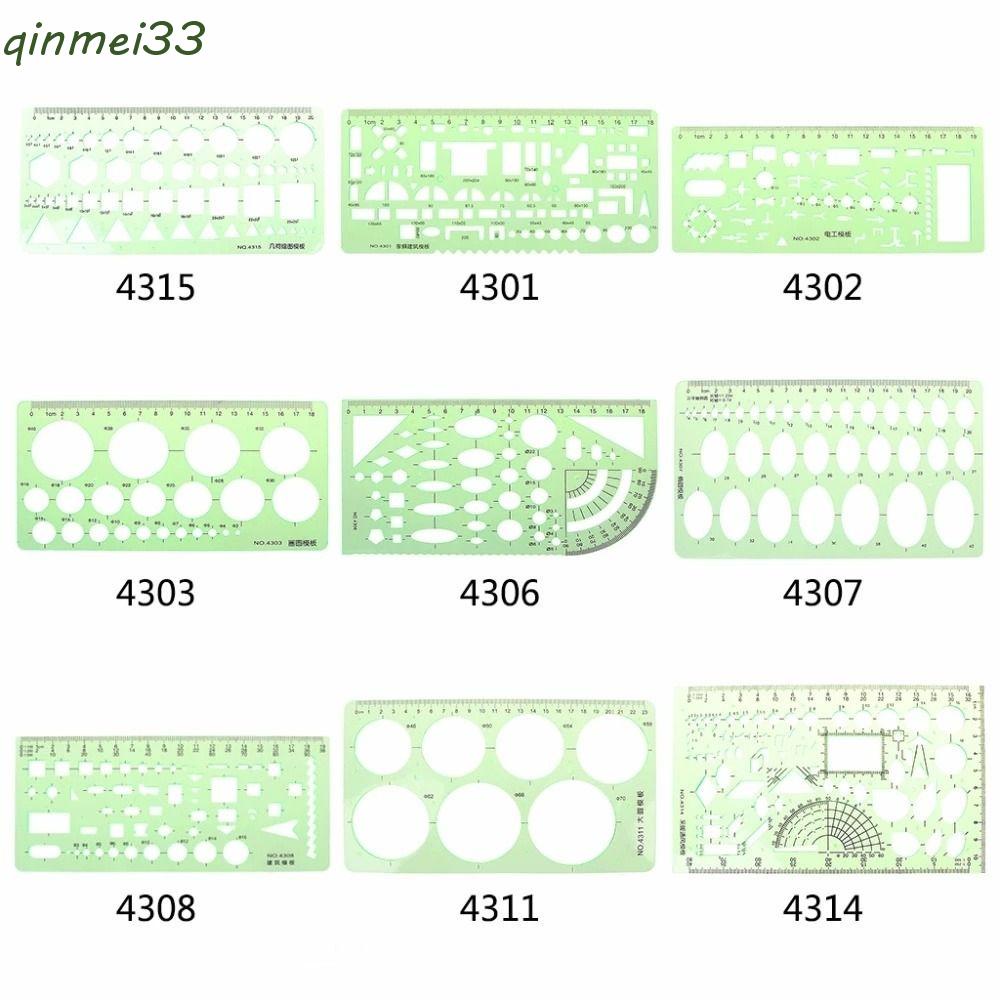 Qinmei ไม้บรรทัดแม่แบบนักเรียนวงกลมพลาสติกลายฉลุไม้บรรทัดเรขาคณิตสีเขียวรูปไข่