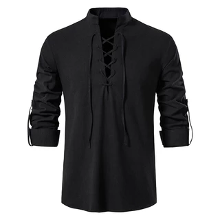 เสื้อเชิ้ตลําลอง คอปกตั้ง แบบผูกเชือก สําหรับผู้ชาย