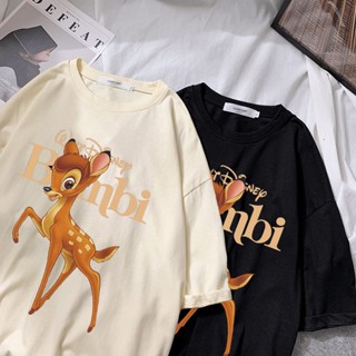 Disney Cute Couples Unisex Women T-shirt Cute Fawn Bambi Cartoon Letter Print Cotton Tee Short Sleeve Top 9 Color_03