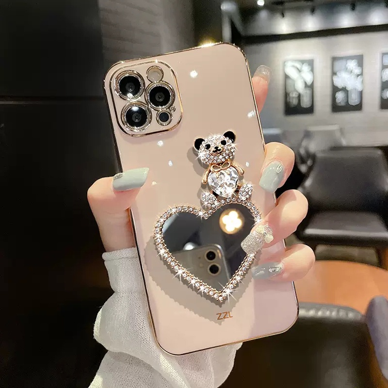 Samsung Galaxy S25 S24 S23 S22 S21 S20 FE S10 S9 Note 8 9 10 20 Plus Ultra Note10 Lite Square การ์ตูนหมีกระจกชุบเคสโทรศัพท์นุ่มกลับคลุมทั้งหมดปลอก