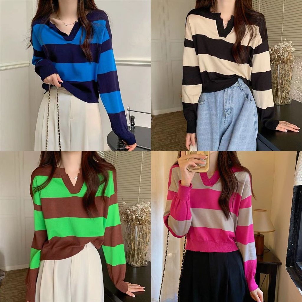 Olivia เสื้อไหมพรมแขนยาว ไหมพรมลายทาง คอกลมแต่งวี สีสดใส #J14