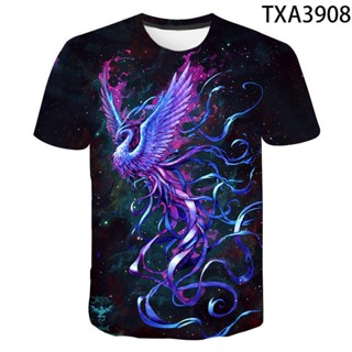 เสื้อยืดลําลอง พิมพ์ลายนกฟินิกซ์ 3D สีฟ้า แฟชั่นฤดูร้อน สไตล์ฮาราจูกุ สําหรับเด็กผู้ชาย และผู้หญิง