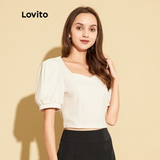 Lovito เสื้อยืดแขนพัฟ คอสี่เหลี่ยม เรียบหรู