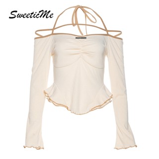 Sweeticme ใหม่ เสื้อยืดลําลอง แขนยาว คอปาด ทรงสลิม สีพื้น แฟชั่นสําหรับสตรี 2023