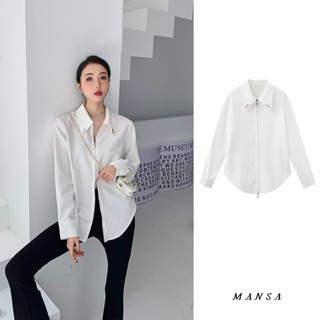 MANSA white zip shirt เสื้อเชิ้ตสีพื้น เสื้อเชิ้ตแขนยาว