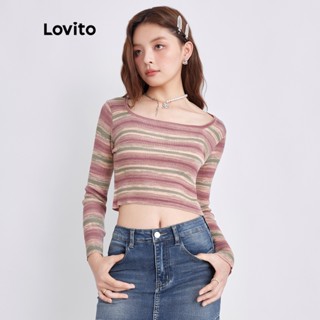 Lovito เสื้อกันหนาวลําลอง แขนยาว คอสี่เหลี่ยม ลายทางสีรุ้ง สําหรับผู้หญิง L35AD019 (หลากสี)