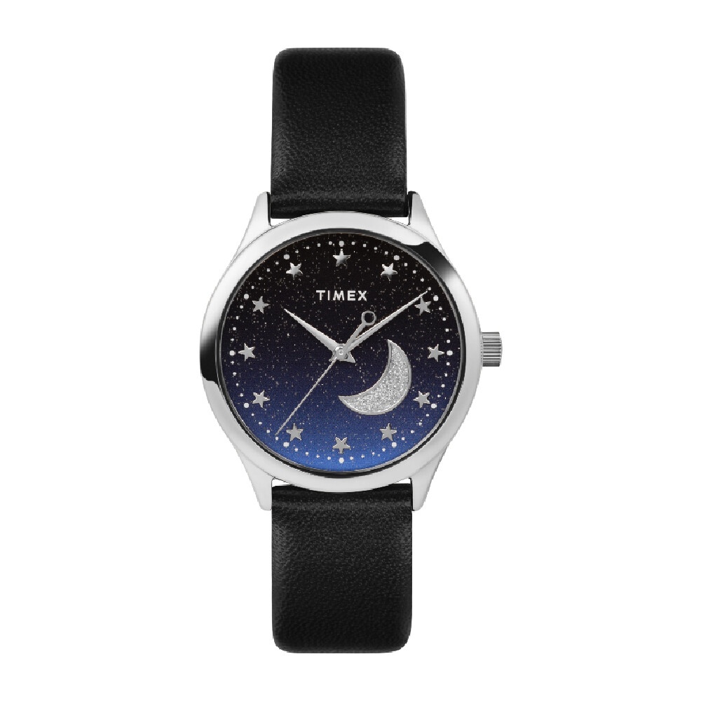 Timex TW2V49200 DRESS นาฬิกาข้อมือผู้หญิง สายหนัง สีดำ หน้าปัดกริตเตอร์สีน้ำเงิน หน้าปัด 32 มม.