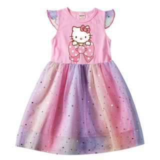 Hello KITTY ชุดเดรสเจ้าหญิง แขนสั้น พิมพ์ลายดาว สําหรับเด็กผู้หญิง TM8257