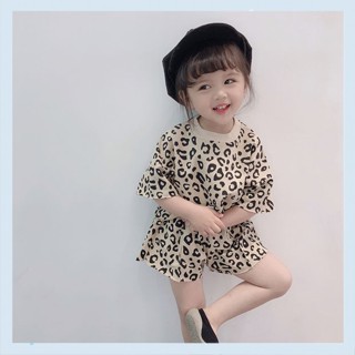 Girls Western style leopard print short-sleeved T-shirt set 21 summer new fashionable baby girl short-sleeved T-shirt shorts two-piece set