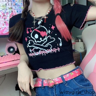 Wittygirls-shop_เสื้อยืดครอปแขนสั้น คอกลม พิมพ์ลายการ์ตูน แฟชั่นฤดูร้อน