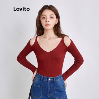 Lovito เสื้อถักผู้หญิง ผ้าเนื้อดี เปิดไหล่ แต่งเว้า สีพื้น สไตล์ลำลอง L39ED074 (สีไวน์แดง)