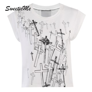 Sweeticme ใหม่ เสื้อยืดลําลอง แขนสั้น คอกลม เข้ารูป พิมพ์ลาย แฟชั่นสําหรับสตรี 2023