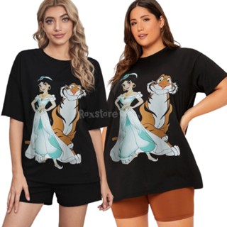 HITAM T-shirt zar* disney Women Jasmine and Rare tiger Black Short Sleeve jumbo XXL XXXL XXXXL Tops bigsize Clothin_03