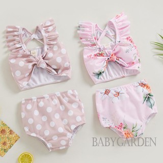 Babygarden-6m-4y ชุดว่ายน้ําเด็กผู้หญิง 2 ชิ้น, เสื้อสายเดี่ยว แขนระบาย โบว์ + กางเกงขาสั้น พิมพ์ลายจุด / ดอกไม้