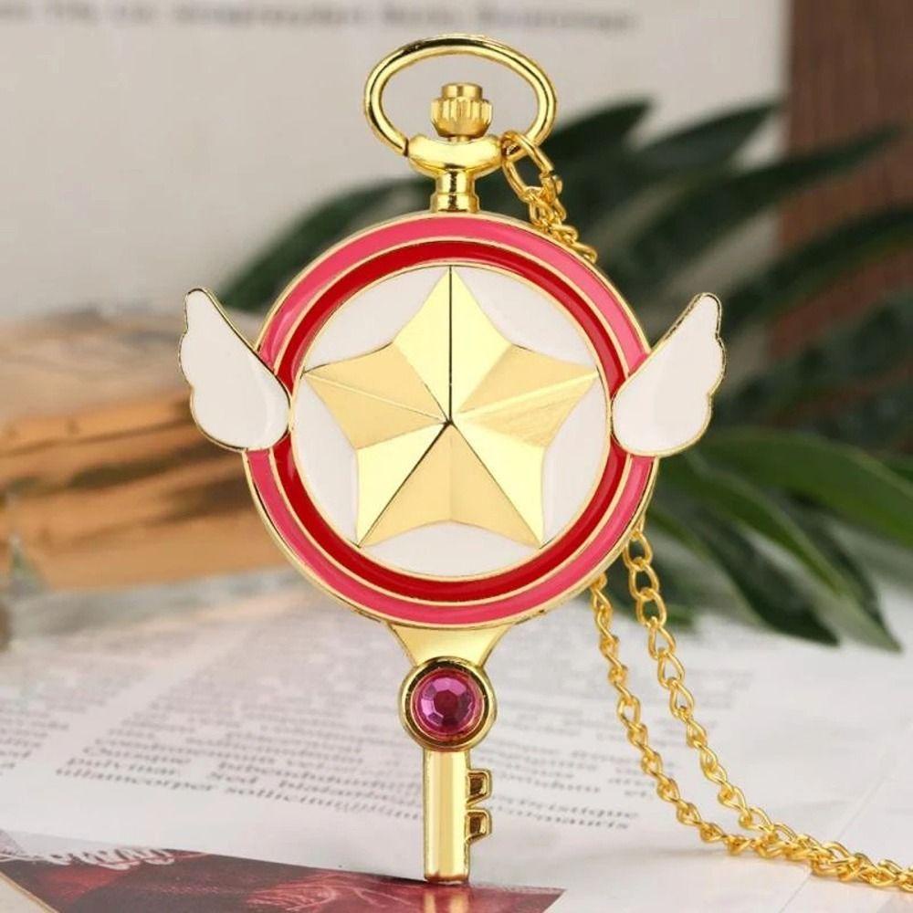 Fashionhubz SAILOR MOON นาฬิกาพ็อกเก็ตสไตล์ญี่ปุ่นแบบพกพา Sweet CARDCAPTOR SAKURA Star Wings คริสตัล Key Shape สร้อยคอนาฬิกา