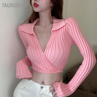  Taurus307 แขนยาวเปิดลงปกซี่โครงถักเสื้อด้านบนผู้หญิงตัดสั้น V คอผูกด้านหน้าถักเปิดด้านหน้าทนกว่า