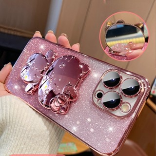 เคสโทรศัพท์มือถือแบบนิ่ม TPU แต่งกลิตเตอร์ ไล่โทนสี ลายเฮลโลคิตตี พร้อมขาตั้งกระจกแต่งหน้า สําหรับ iPhone 14 Pro Max 13 12 11 14 Plus