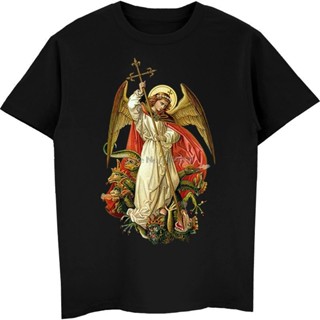 เสื้อยืดแขนสั้น พิมพ์ลาย Michael Destroy The Devil Catholic สไตล์คริสเตียน สําหรับผู้ชาย_03